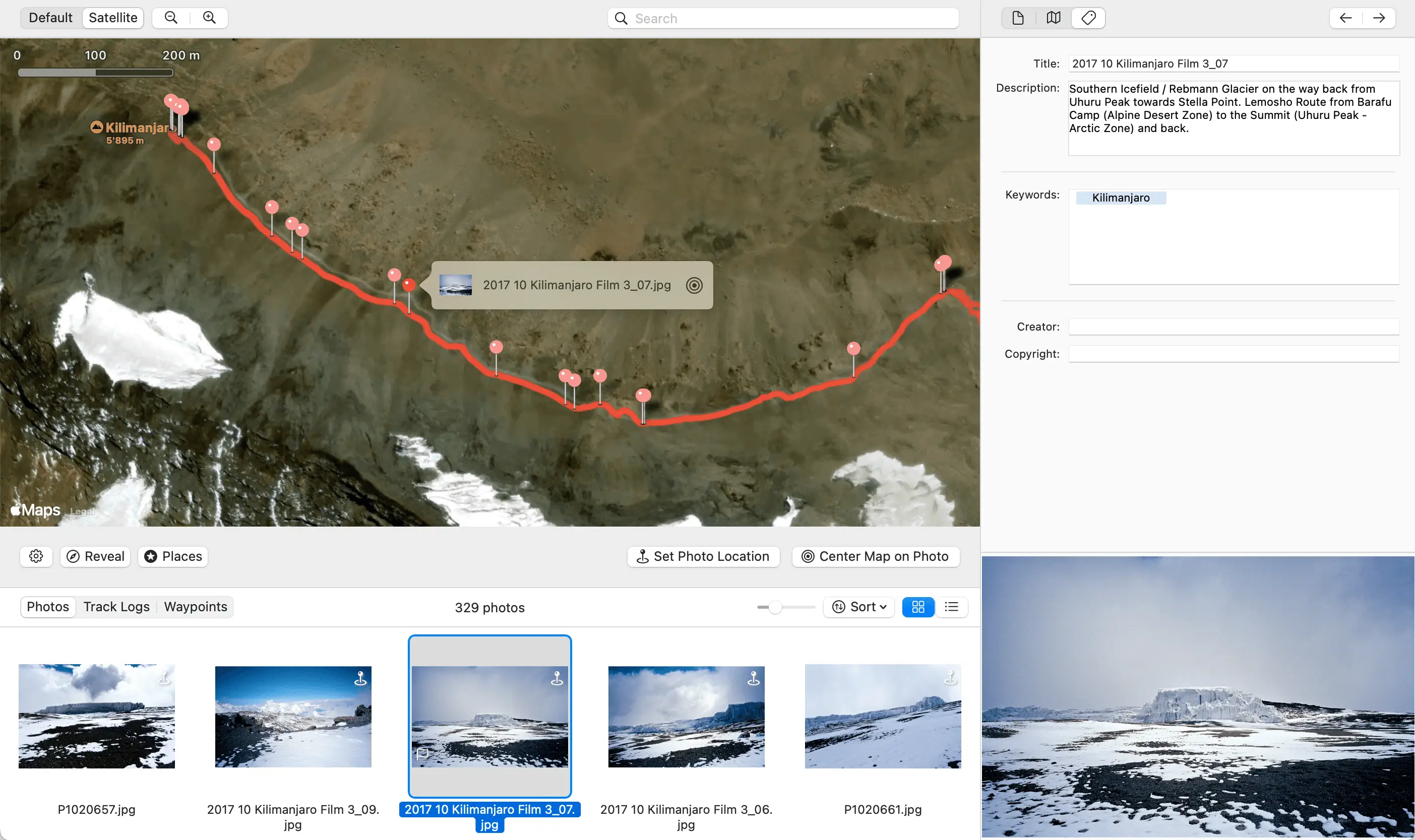 Screenshot: HoudahGeo 7 interface showing automatic photo geotagging with GPS track on Mac