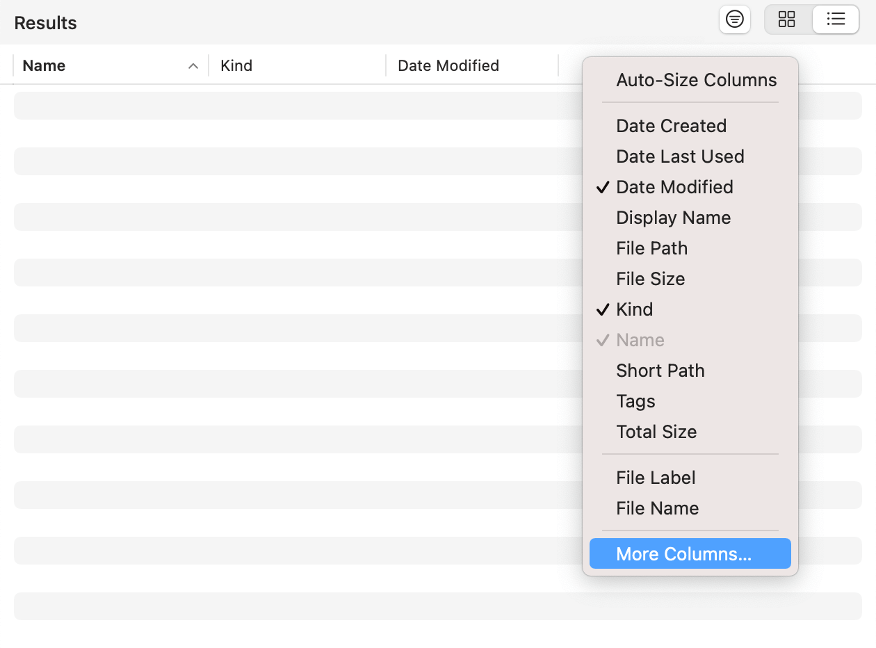 Screenshot: Customize columns in results